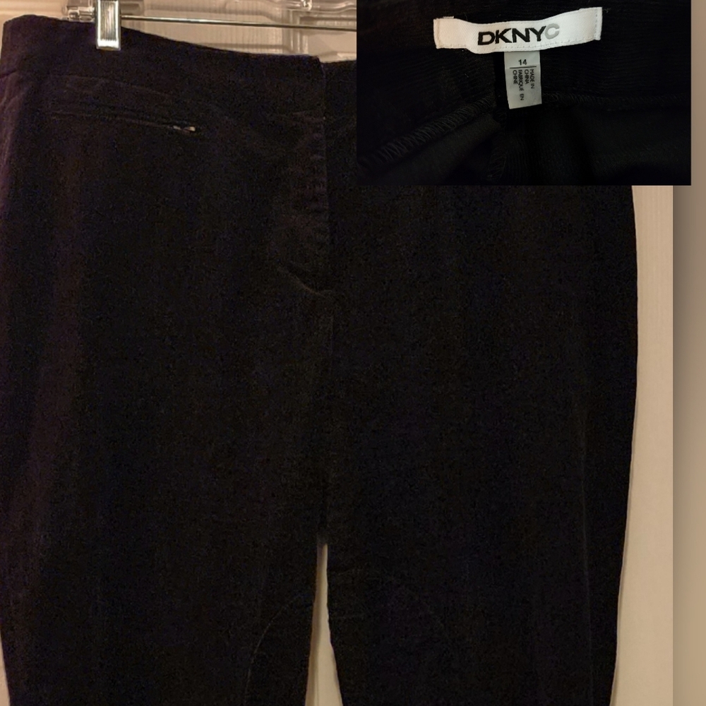 DKNYC Corduroy Pants w/Velvet Look • Flat Front • Zipper Pockets • Black • Sz 14